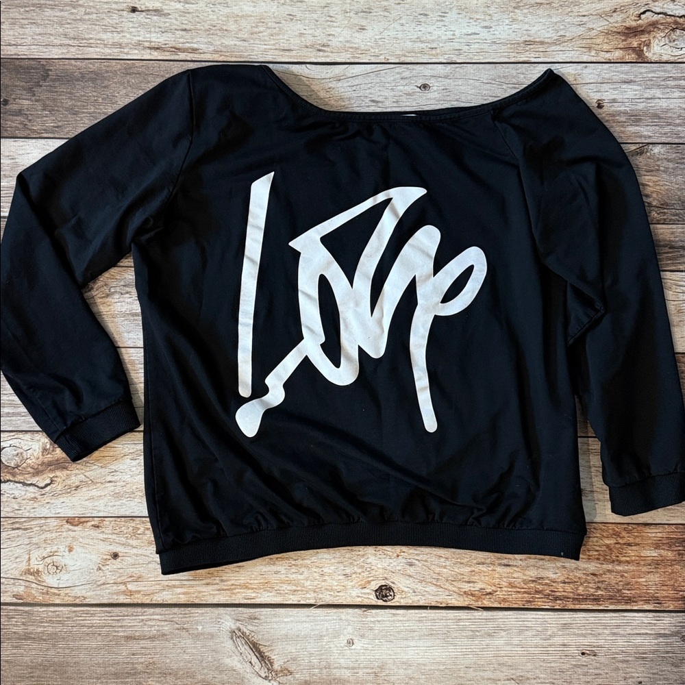 Black long sleeve off the shoulder tee with LOVE graphic. XL long sleeve shirt